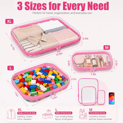 3 Pack Clear Hard Shell Zipper Case (1XL + 1L + 1M, Pink) - color: Pink(XL+L+M)