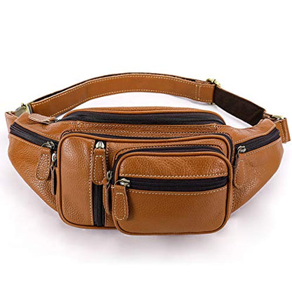 Genuine Leather Fanny Pack large capacity Crossbody Waist Bag with Zipper phone Pockets brown - color: Brown