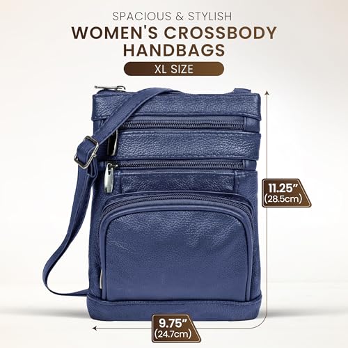 Krediz leather Crossbody Purses for Women, Multi Pocket Crossbody Purse with Adjustable Strap, Soft & Durable Leather Purse - color: Navy, size: X-Large