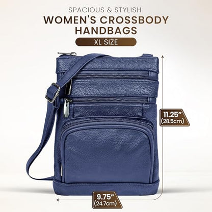 Krediz leather Crossbody Purses for Women, Multi Pocket Crossbody Purse with Adjustable Strap, Soft & Durable Leather Purse - color: Navy, size: X-Large