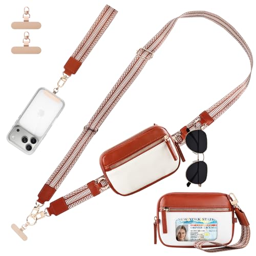 Clip and Go Strap For Phone with Leather Wallet Crossbody - color: Red Brown