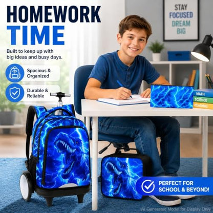 3Pcs Large Rolling Backpack for Boys, 20 Inch Detachable Wheeled Bookbag with Lunch Box, Durable Lightning Dinosaur Roller Backpack for Elementary Middle School (Blue) - color: Large Wheels Dinosaur Blue