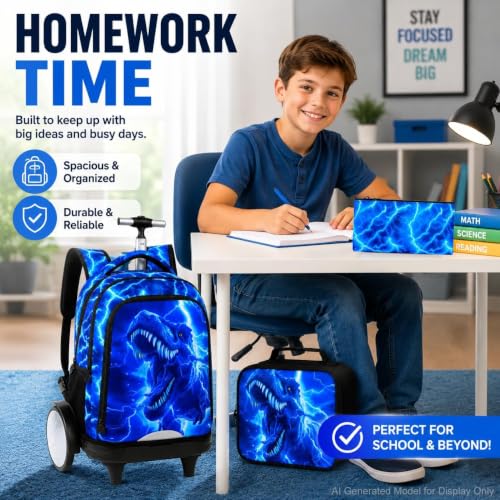 3Pcs Large Rolling Backpack for Boys, 20 Inch Detachable Wheeled Bookbag with Lunch Box, Durable Lightning Dinosaur Roller Backpack for Elementary Middle School (Blue) - color: Large Wheels Dinosaur Blue