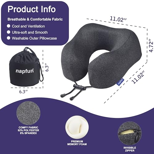 napfun Neck Pillow for Travel, Memory Foam Airplane Pillow, Full Black - color: Black