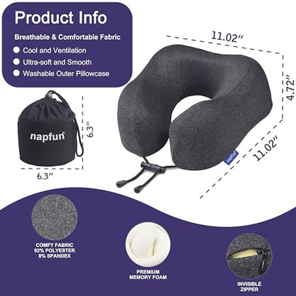 napfun Neck Pillow for Travel, Memory Foam Airplane Pillow, Full Black - color: Black