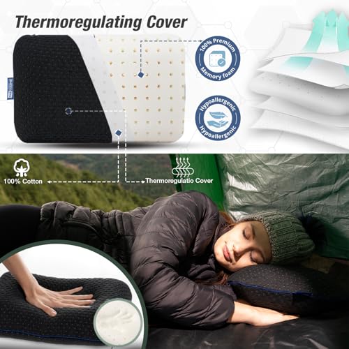Travel & Camping Comfortable Memory Foam Pillow – Easy to Carry Portable Bag – Temperature Regulating Pillow Case - Perfect for Travelling (Black) - size: Black