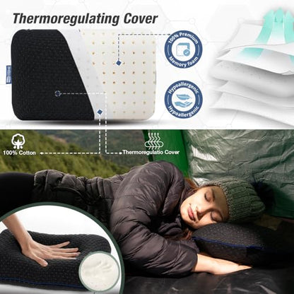 Travel & Camping Comfortable Memory Foam Pillow – Easy to Carry Portable Bag – Temperature Regulating Pillow Case - Perfect for Travelling (Black) - size: Black