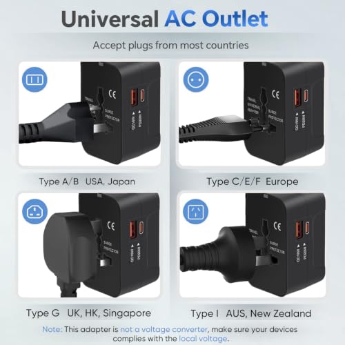 Travel Adapter, Worldwide All in One Universal Power Plug Adapter, Black - color: Black