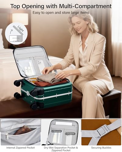 Hanke 16 Inch Small Carry On Luggage, Top Opening Aluminum Frame Suitcase - color: Dark Green, size: 16 Inch