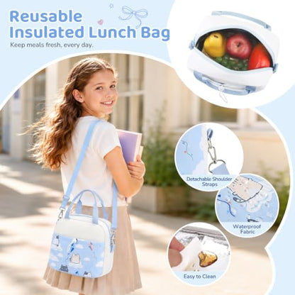 DIGOBAY Backpack for Girls, 5PCS School Bookbag with Lunch Box Pencil Case - color: Blue Cat
