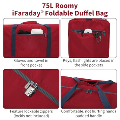 iFARADAY Foldable Duffel Bag Lightweight, 30 inch / 75L, Red - color: Red-75L(with shoulder strap)