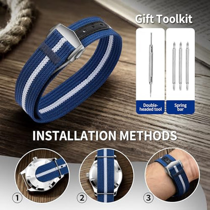 Nylon Watch Strap 20mm 22mm Nylon Watch Band Replacement Single Pass Strap Breathable Military Watch Bands for Men Soft Elastic Watch Straps - color: Blue & White, size: 20mm