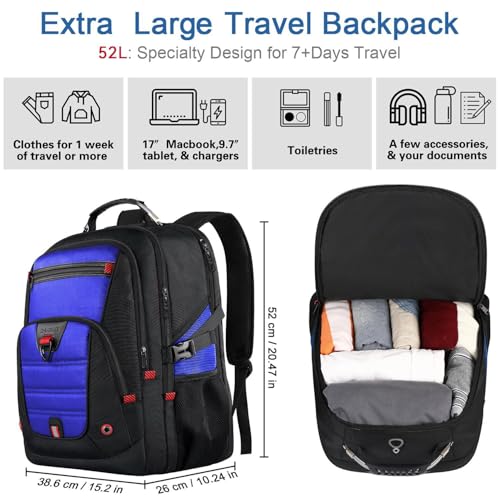 Z-MGKISS 52L Extra Large Travel Backpack for Men&Women, Fit 17.3" Laptops - color: Blue, size: 17.3 Inch (20''x15''x10'')