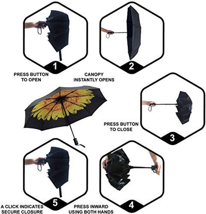SY COMPACT Travel Umbrella - Windproof Automatic Compact Umbrellas for Rain - color: UPF-Flower yellow