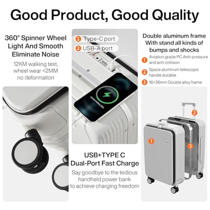 mixi 2-Piece Luggage Sets with Cup Phone Holder and Charger Hard Shell Suitcases with Spinner Wheels, 20+26 Smoke White - color: Smoke white, size: 2-Piece Set (20/26)