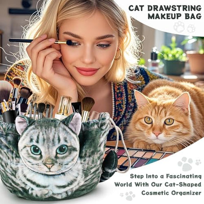 Cat Shaped Drawstring Makeup Bag for Women - Grey Tabby Cat Design Cosmetic Case - color: Grey Tabby Cat
