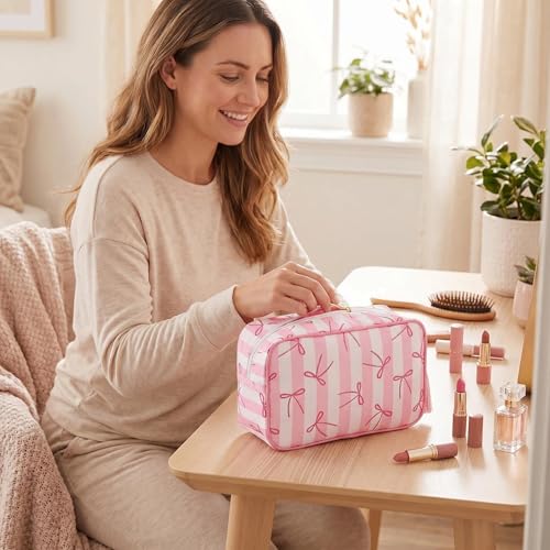 Preppy Striped Makeup Bag for Women, Structured Travel Cosmetic Pouch with Protective Sponge Padding, Large Canvas Toiletry Organizer with Tassel Zipper for Daily Purse(Pink bow) - color: Pink bow