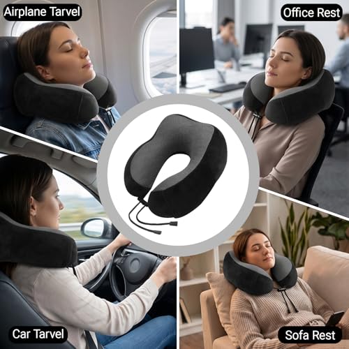 Travel Neck Pillow Memory Foam U Shaped, Storage Box, Black - color: Black