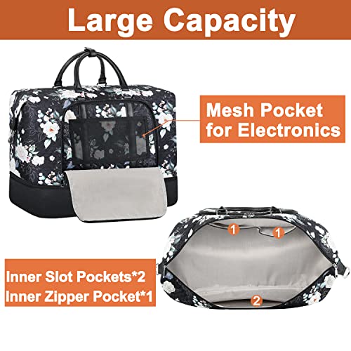 TIBES Travel Weekender Bag for Women, Overnight Bag with Shoe Compartment | 3PCS Large Travel Duffel Bag for Gym, Travel, Hospital, Business Trip, Carry On Tote, Wet & Dry Separation, Water Resistant - color: G-Black Flower 3pcs