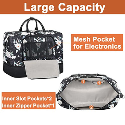 TIBES Travel Weekender Bag for Women, Overnight Bag with Shoe Compartment | 3PCS Large Travel Duffel Bag for Gym, Travel, Hospital, Business Trip, Carry On Tote, Wet & Dry Separation, Water Resistant - color: G-Black Flower 3pcs
