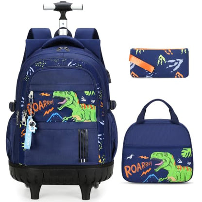 ACESAK 3PCS Rolling Backpack for Boys Children, Boys Backpack with Wheels - color: Dinosaur