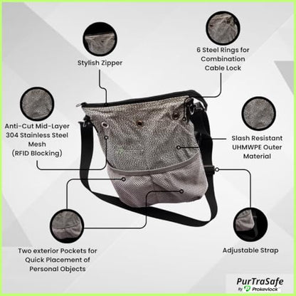 PurTraSafe Anti-Theft Crossbody Purse, UHMWPE & HPPE level V Material, Gray, Portable Key Lock Storage Purse for Travel, Camping, Pool, Beach, and More