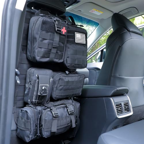 tactical car seat back organizer and storage truck seat covers with a Molle Vehicle Panel and 5 Different Size Molle Pouches for most models such as Jeep,SUV,Pickup(Black) - color: Black
