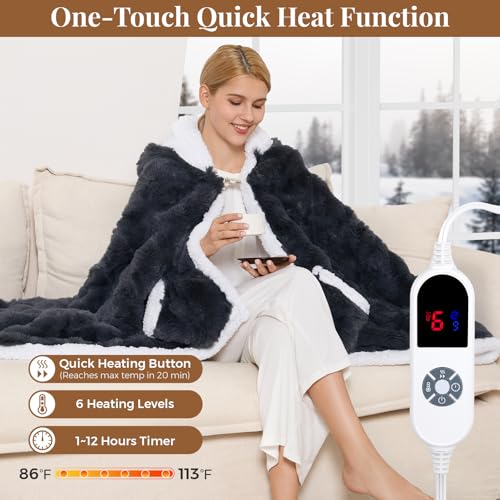 Wearable Heated Blanket Hoodie, Luxury Faux Fur & Sherpa Electric Throw Blanket, Heated Shawl Wraps Poncho with Pockets for Women Men, 3 Heat Levels & 12H Timer, ETL & FCC Certified, 40"x70",Dark Grey - color: Dark Grey, size: 40"x70"