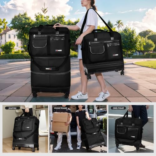 36" Expandable Rolling Duffel Bag w/Wheel,3-Layer Foldable - color: BLACK