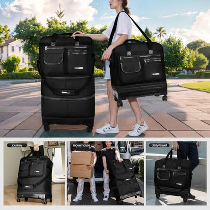 36" Expandable Rolling Duffel Bag w/Wheel,3-Layer Foldable - color: BLACK