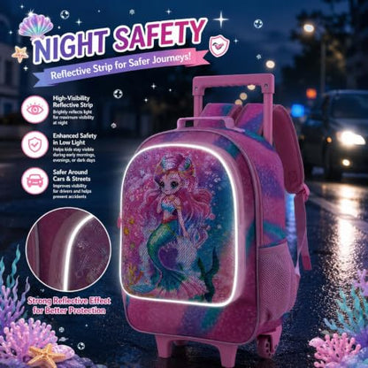 KLFVB Rolling Backpack for Girls Boys, Kids Roller Wheels School Bookbag with Lunch Bag, Wheeled School Bag for Children - color: 3pc Mermaid Pink