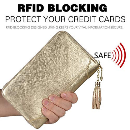 Easyoulife Credit Card Holder Wallet Womens Zipper Leather Case Purse RFID Blocking - color: Gold