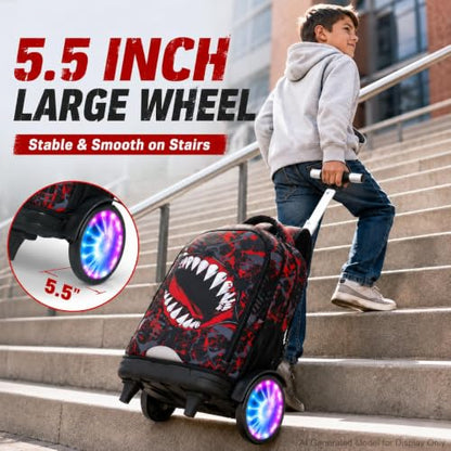 20 Inches Large Wheels Rolling Backpack for Boys with Light Up, 3Pcs Kids Graffiti Shark Wheeled Backpack Set for Elementary School (Red) - color: BigMouth-Red (Large Wheel)