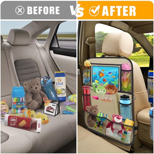 Backseat Car Organizer w/ 10 Storage Pockets 11" Tablet Holder, 2 PCS Beige - color: Beige