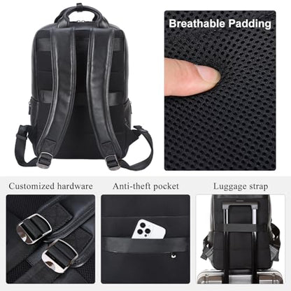 TIDING Genuine Leather 15.6 Inch Laptop Backpack for Work College, Black