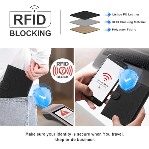 RFID Passport Holder Women Men PU Leather Travel Slim Wallet with Card Holders SIM Slots Zippered Coins Pocket (Black) - color: Black