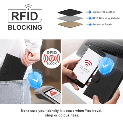 RFID Passport Holder Women Men PU Leather Travel Slim Wallet with Card Holders SIM Slots Zippered Coins Pocket (Black) - color: Black