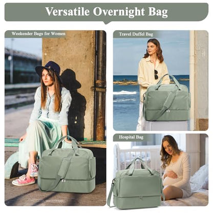 Travel Duffel Bag with Shoes Compartment, Carry-on Weekender Bags for Women - color: Olive Green 3Pcs Set