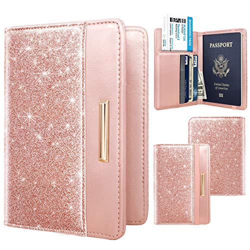 Coco Rossi Passport Holder for Travel Women Slim RFID Passport Cover Wallet - color: Glitter Rose