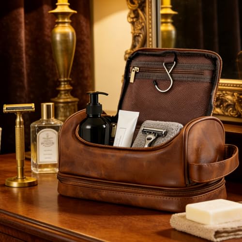Personalized Gifts PU Leather Travel Toiletry Shaving Bag for Men - color: Light Brown, style: H