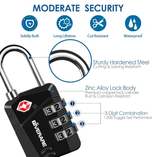 2 Pack TSA Approved Travel Luggage Locks, Metal Combination Lock, Alloy Keyless 3-Digit Padlocks, TSA Accepted Compatible Padlock for Gym Locker, Golf Bag Case, Backpack, Black-by GIVERARE