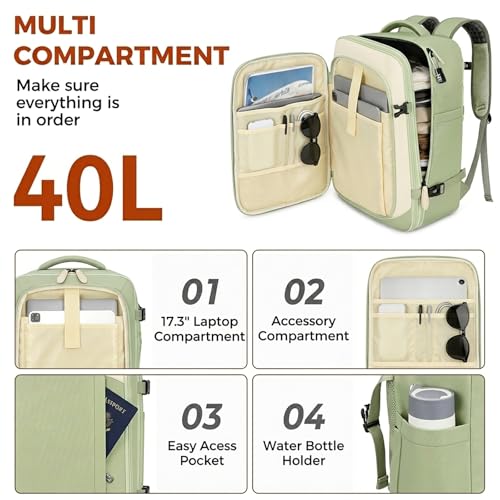 Vancropak Carry on Backpack for Airplane, Travel Backpack Fits 17.3" Laptop - color: Green