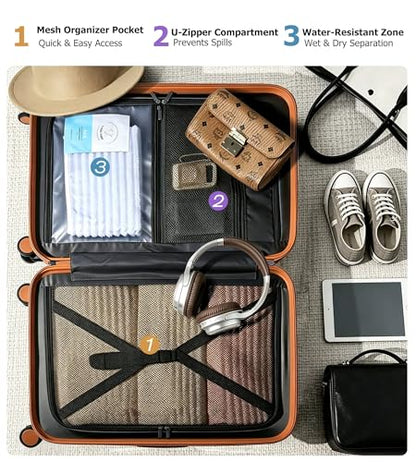 feilario Front Opening Hardside Spinner Suitcase with Laptop Compartment, TSA Lock, Cup Holder, Side Hook and Braking Wheels (Mist Blue (zipper closure), 20in) - color: Mist Blue (zipper closure)