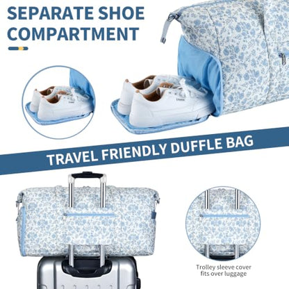 Personalized Quilted Duffle Bag for Travel Gym Weekender Hospital Carry On - color: Blue Flower, size: R