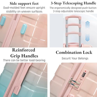 3-Piece Luggage Set 20/24/28’’ Hard-shell with 360° Spinner Wheels, Gradient Color Suitcase with Combination Lock, Lightweight PC Material, (Blue + Pink) - color: Pink-Light Blue Gradient, size: 3-Piece Set(20''&24''&28'')