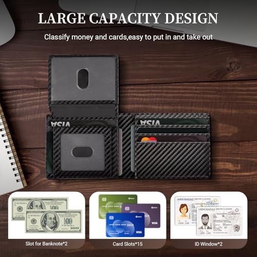 GNDR Wallet For Men RFID Blocking Leather Black Wallets Bifold Carbon Fiber Front Pocket Card Holder Mens Accessories With Gift Box - color: Black Carbon Fiber-04