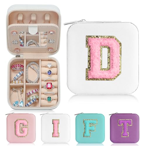 Parima White Jewelry Box for Women - Personalized Travel Chenille Letter Patches Jewelry Case, Multifunctional, Includes Ring Holder, Necklace Pocket - Ideal Birthday Gift - color: “White, size: D