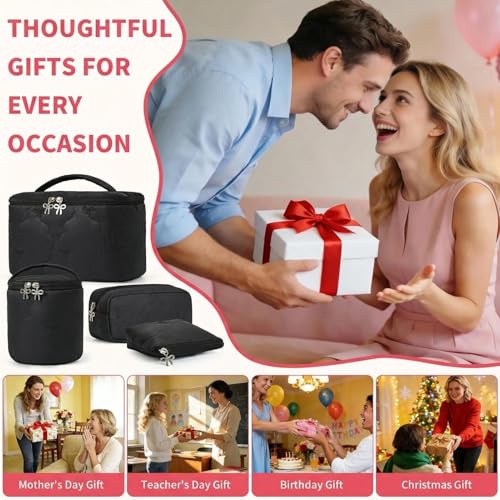 AMDAILY 4Pcs Quilted Makeup Bag Set, Bowknot Puffy Makeup Bag w/Bow Zipper - color: Black