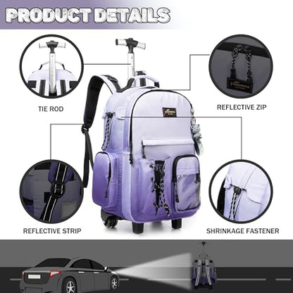Kids Backpack with Wheels Kids Rolling Backpack Suitcase Carry on Luggage Backpacsk with Wheels for Teens Boys Girls Rolling Backpacks for Elementary Middle High School Students - color: Gradient Purple Gray