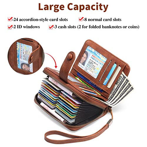 GAEKEAO Leather Credit Card Holder Wallet for Women RFID Blocking Large Capacity Bifold Zipper Card Case Organizer with Wristlet 32 Slots - color: B-Bronze-Large